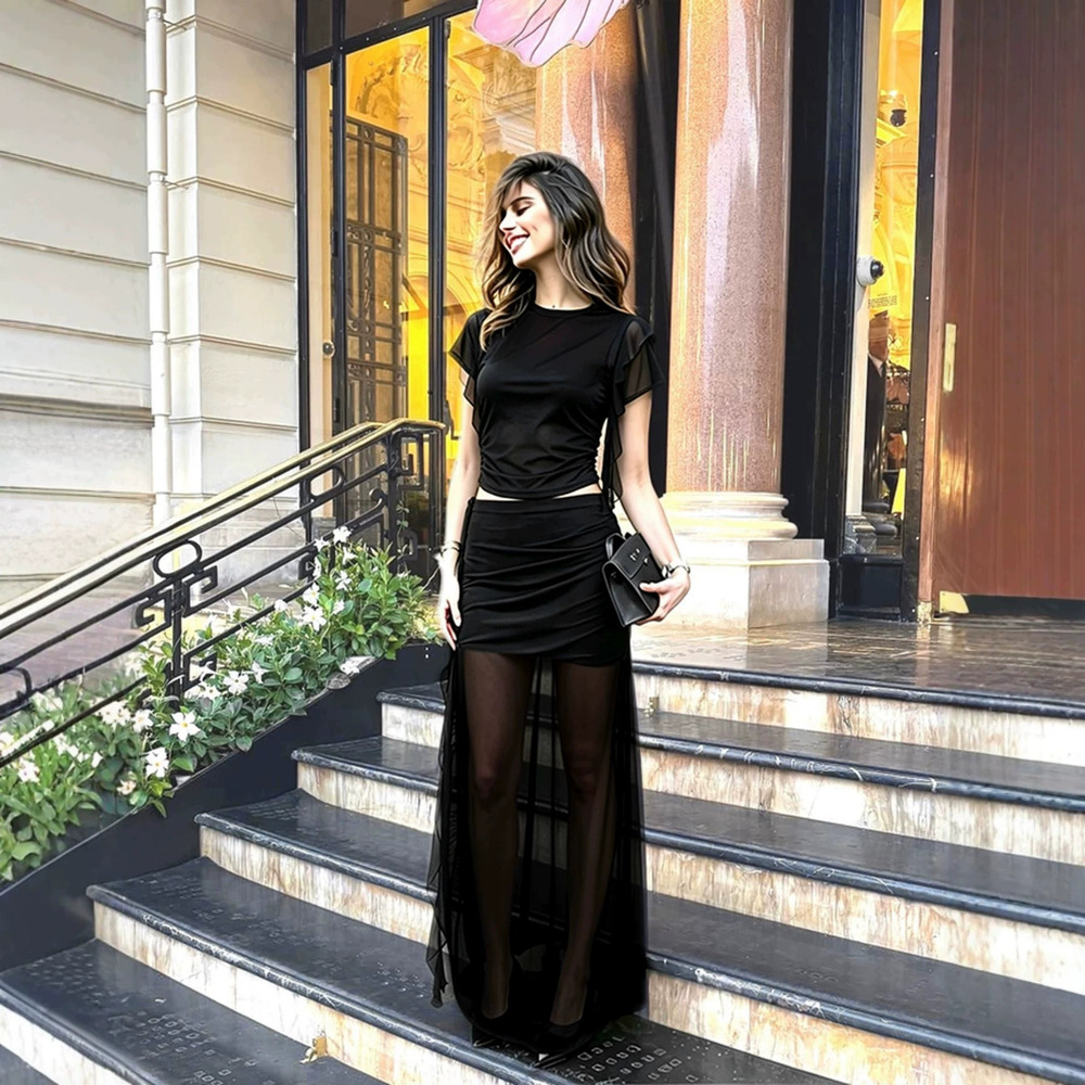 H&M Mesh Ruffle Crop Top and Long Skirt Two Piece Set Sexy Pleated Slimming